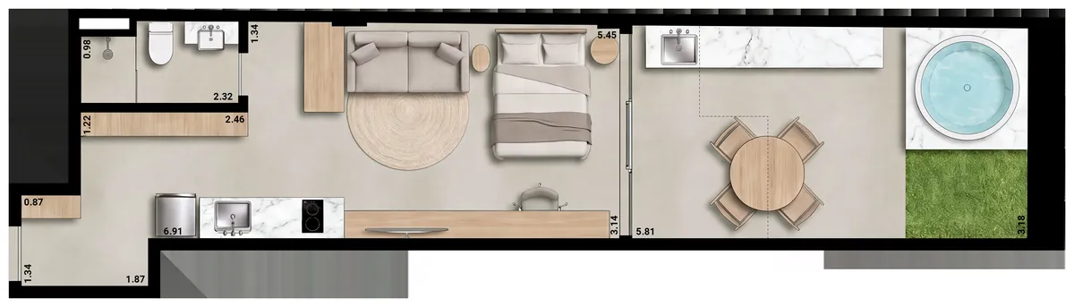 Planta do Studio Garden de 51,99 m² do L74 Studios, unidade 101, com terraço, jardim e spa